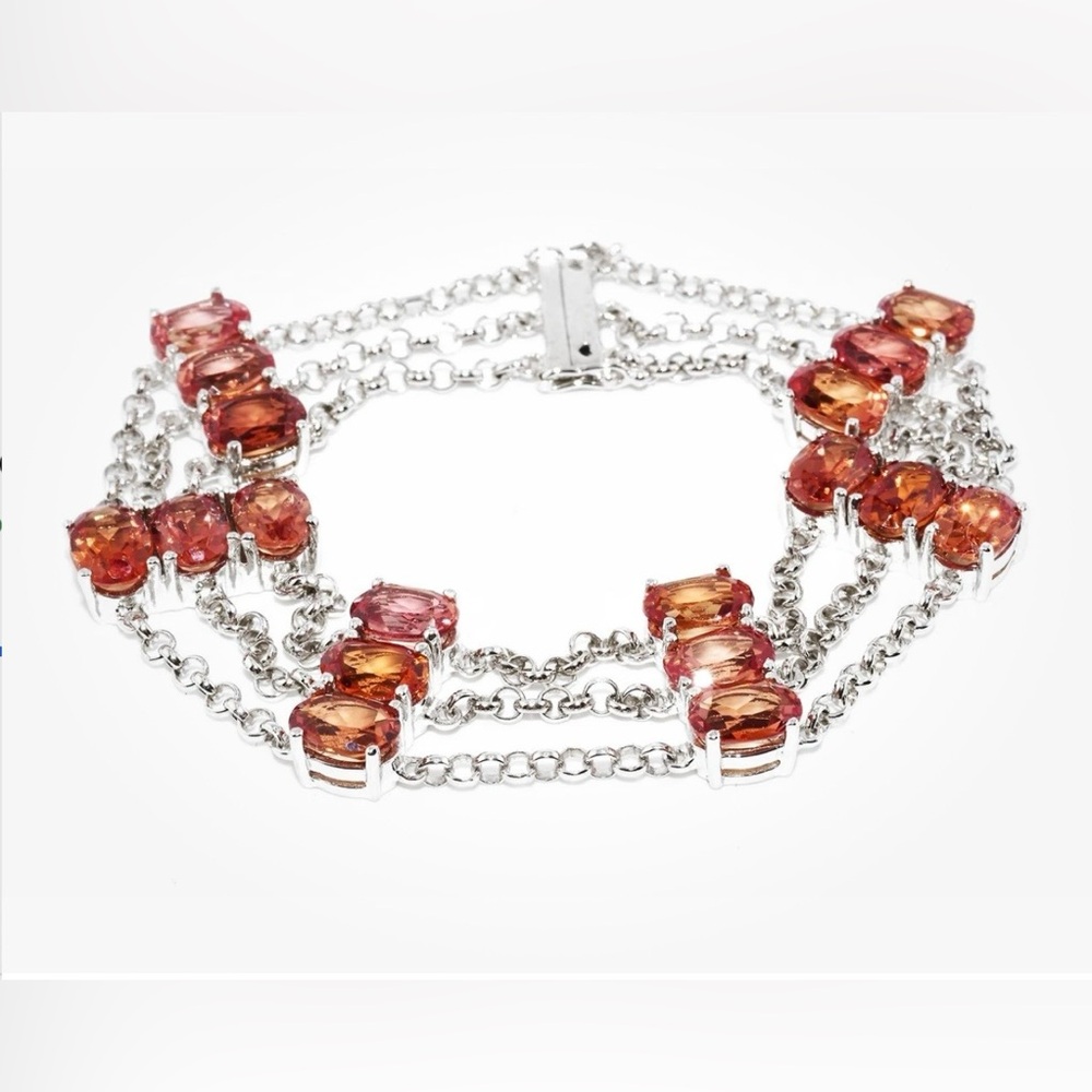 925 Sterling Silver 22.00CT Created Orange Sapphire 3-Row Link Bracelet